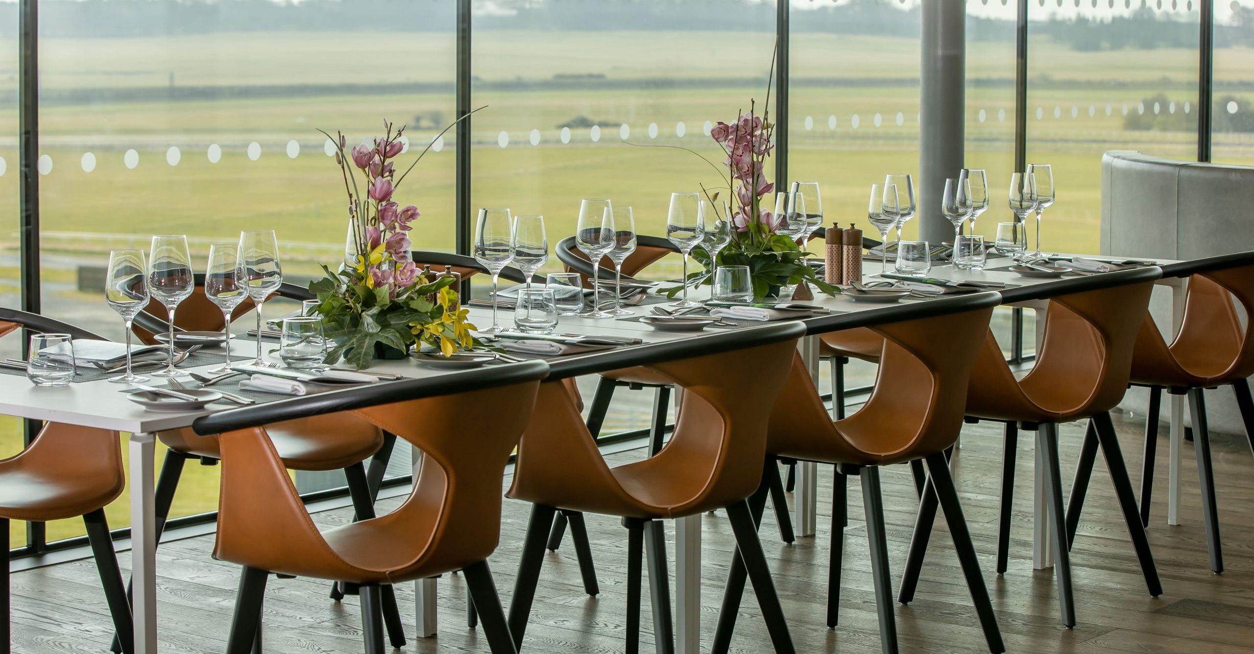 Enjoy amazing views from The St Leger restaurant at the Curragh Racecourse when set up for Conference Dinner