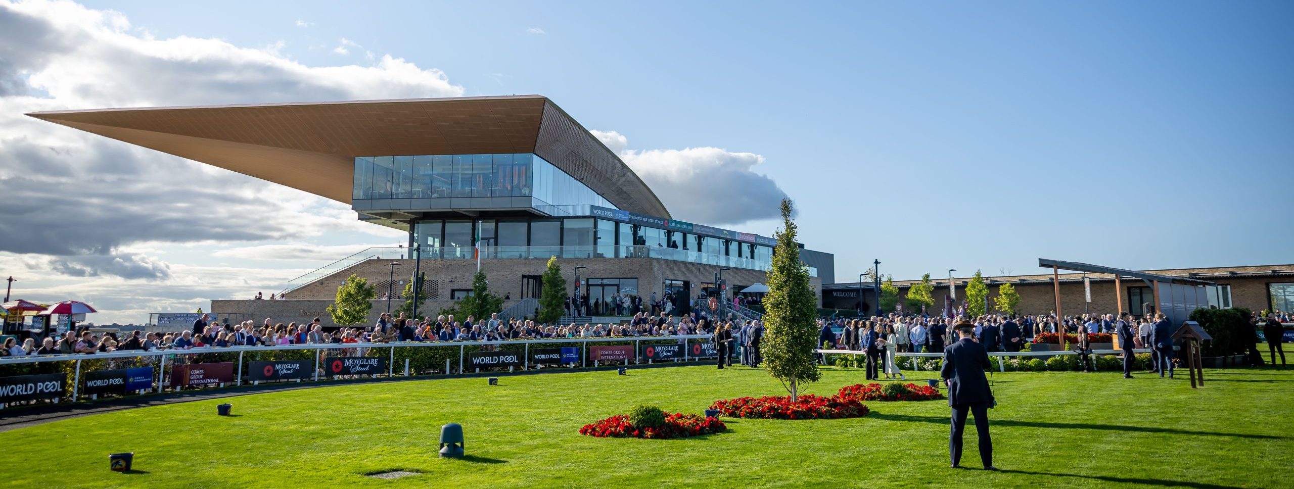 Parade Ring at the Curragh Racecourse, Ireland showing the unique grandstand building